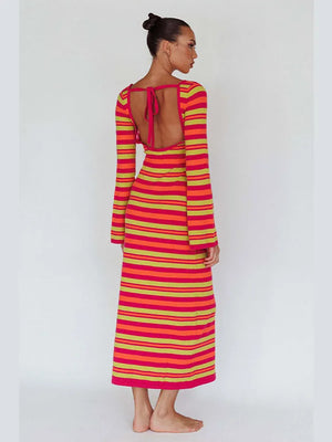 Sexy Backless Lace Up Women Striped Knitted Dress Fashion Slim O-neck Long Sleeve Midi Dresses Autumn Lady Chic Streetwear