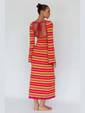 Sexy Backless Lace Up Women Striped Knitted Dress Fashion Slim O-neck Long Sleeve Midi Dresses Autumn Lady Chic Streetwear
