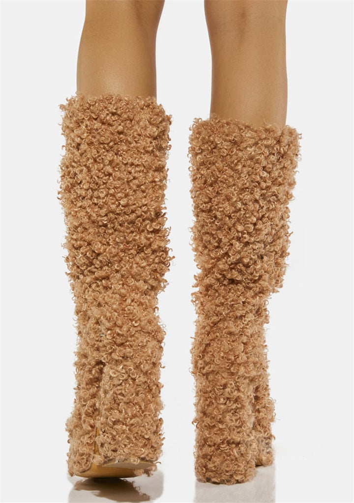 goosudu Women Warm Fur Boots Winter Plush Faux Fur Snow Boots Fashion New Soft Curly Plush Platform Shoes Thick High-Heeled Round Toe