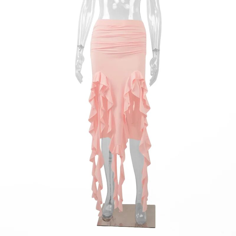 Tassel Summer Female Long Skirt Ruffled High Waist Broken High Split Fashion Pleated Sexy Solid Patchwork Maxi Skirt