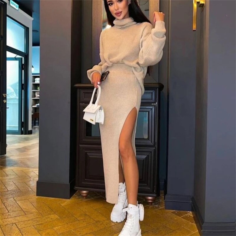 Knit Two Piece Sets Womens Outfits Casual Autumn Winter Turtleneck Sweater And Midi Skirt Sets Ladies Matching Sets