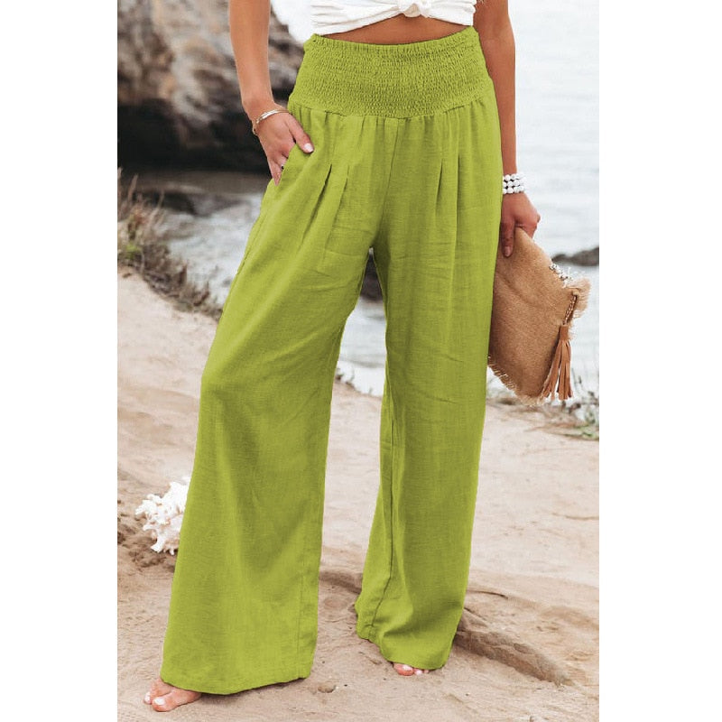 Spring Summer Cotton Linen Women Pants Pockets Solid Casual White Wide Leg Office Lady White Long Trousers Khaki
