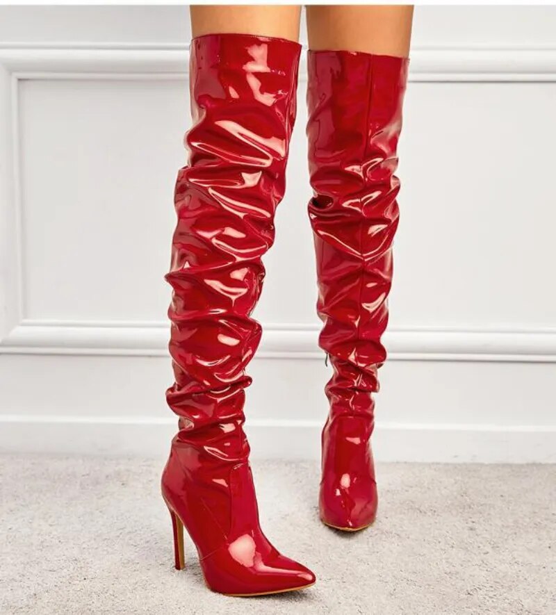 Stretch Over-the-knee Boots Women Fashion Pointed Toe Black Side Zipper Thin High Heels Female Shiny Pleated High Heel Botas
