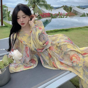 French Seaside Resort Maxi Dress Women Chiffon Puff Sleeve V Neck Floral Dress Female Vintage Elegant Print Long Beach Dress