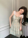 Lace Spaghetti Strap Dress Stitching Women's Summer Sweet French Floral Dress A Line Mini High Waist Sexy Beach Dress Clothing
