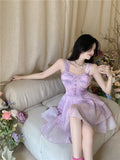 Holiday Sexy Spaghetti Strap Dress High Waist Sweet Mini Princess Dress Female Summer Purple Mesh Puffy Dress Robe Vestido
