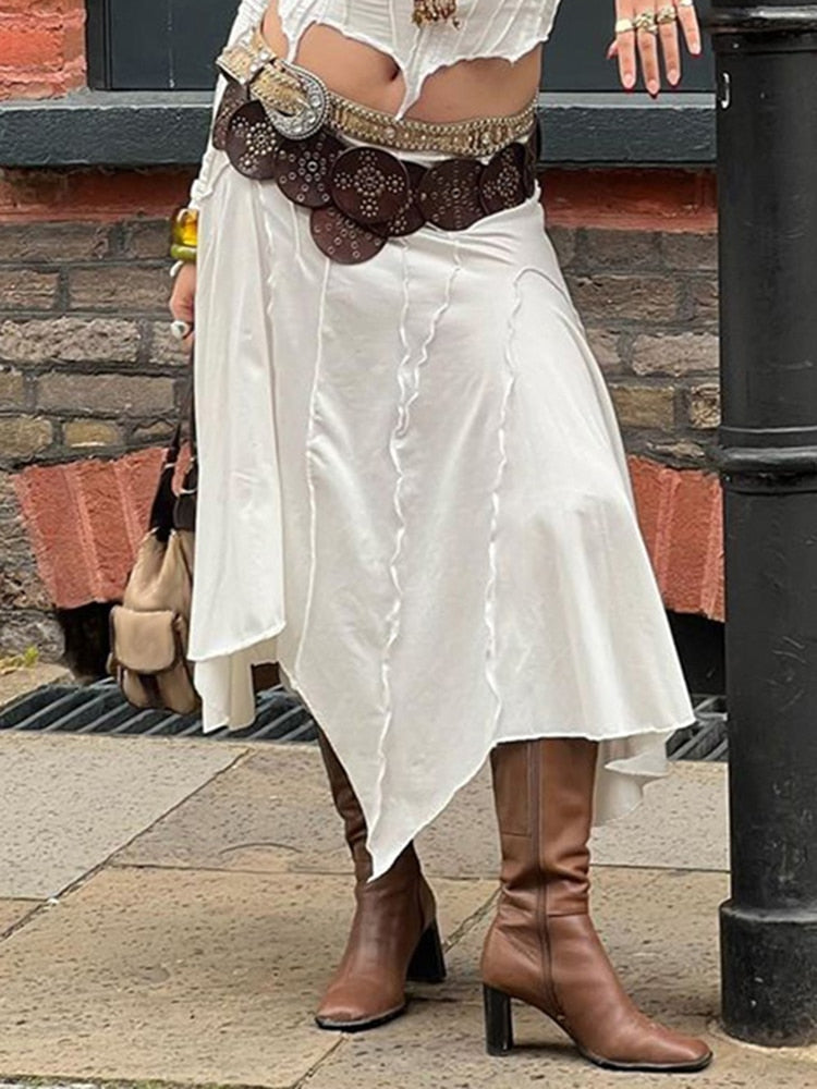 Loose Chic Irregular White Skirt Streetwear Elegant Stitched Summer Midi Skirts For Women Japanese y2k Aesthetic Outfits