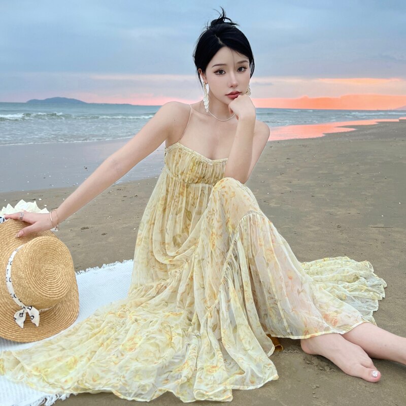 V Neck Tulle Print Sexy Evening Maxi Dresses For Women Party Slip Strap Backless Pleated Dress Club Beach Robe Femme Summer