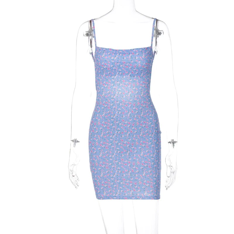Flower Print Slip Sleeveless Backless Slim Sexy Maxi Dress Spring Women Elegant Streetwear Party Clothing Concise