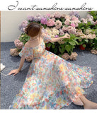 goosudu Women's Summer Floral Dress Spaghetti Strap Dress Backless Puff Sleeves Sweet A-line Off Shoulder Midi Dress Holiday