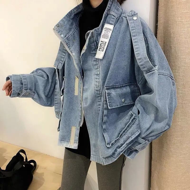 Retro Denim Coat for Women Short Loose Letter Student Harajuku Lady's Denim Jackets Hiphop Spring and Autumn Cowboy Old Outwear