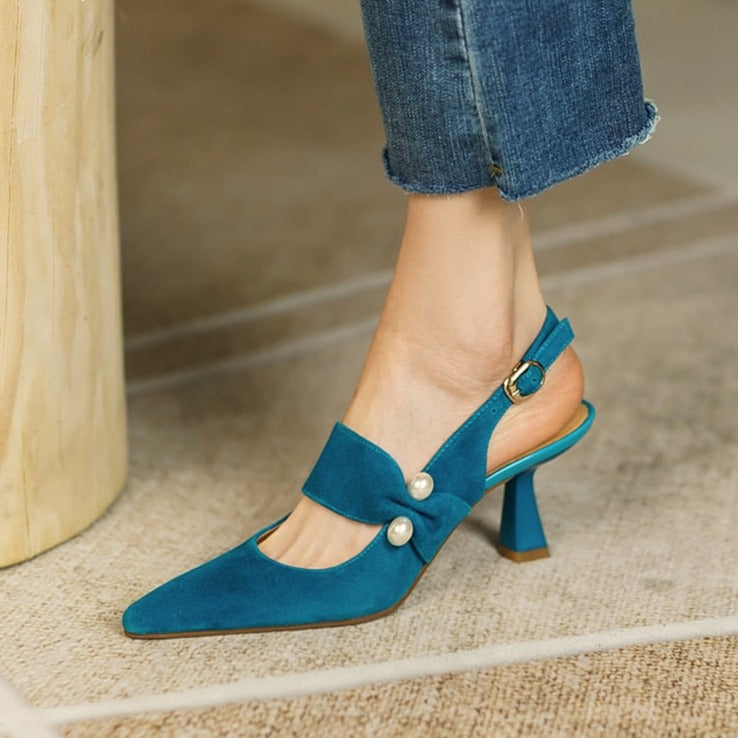 goosudu Party Prom Women Slingbacks Pumps Summer New Kid Suede Sandals Fashion Pointed Toe High Heels Shoes Woman Heels for Women
