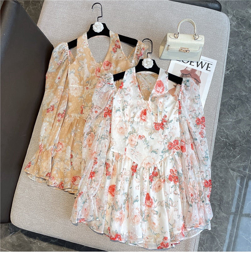 Long Sleeved Floral Dress Summer French Chiffon V-Neck Off Shoulder Slim Halterneck Mini Women Short Sundress Beachwe