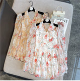 Long Sleeved Floral Dress Summer French Chiffon V-Neck Off Shoulder Slim Halterneck Mini Women Short Sundress Beachwe