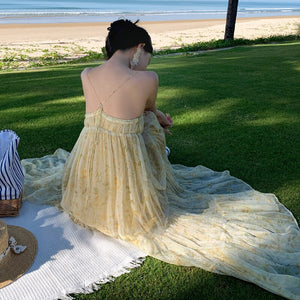 V Neck Tulle Print Sexy Evening Maxi Dresses For Women Party Slip Strap Backless Pleated Dress Club Beach Robe Femme Summer