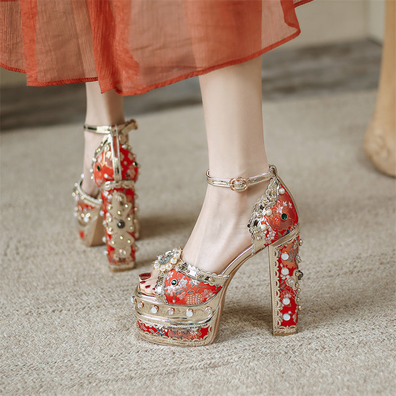 goosudu Luxury Gold Metallic Women Sandals Studded Square Heels Female Shoes Platform Flower Crystal Sexy Peep Toe Summer Ladies Pumps