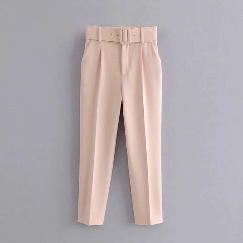 Goosudu  Women's Pants High Waist With Belt Classic Pockets Office Lady Ankle Length Trousers Female Spring Fashion Pink Harem Pants