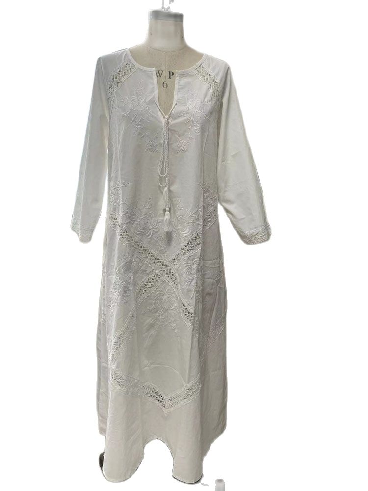 Loose Embroidery White Lace V-Neck Long Beach Dress Summer Boho Women Maxi Dress Elegant Dress Holiday Women Clothing