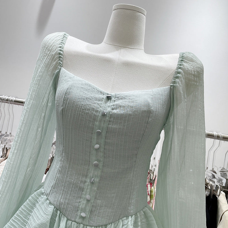 goosudu Fairy Dress Retro Cupcake Dress Square Neck Puff Sleeve Dress Women Chic Patchwork Spring New High Waist Long Sleeve Short Dress Summer