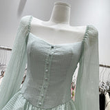 goosudu Fairy Dress Retro Cupcake Dress Square Neck Puff Sleeve Dress Women Chic Patchwork Spring New High Waist Long Sleeve Short Dress Summer