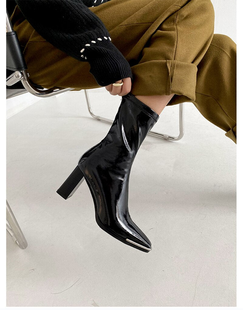 goosudu High Heel Women Long Boots High Quality Leather Patent Leather Ladies Zip Knight Boots Fashion High Heel Knee-high Boots