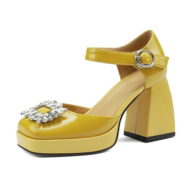 goosudu Women Shoes Summer  Leather Thick High Heels Platform Shoes Black Beige Sweet Dress Party Wedding Mary Janes Pumps