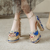 goosudu Luxury Gold Metallic Women Sandals Studded Square Heels Female Shoes Platform Flower Crystal Sexy Peep Toe Summer Ladies Pumps