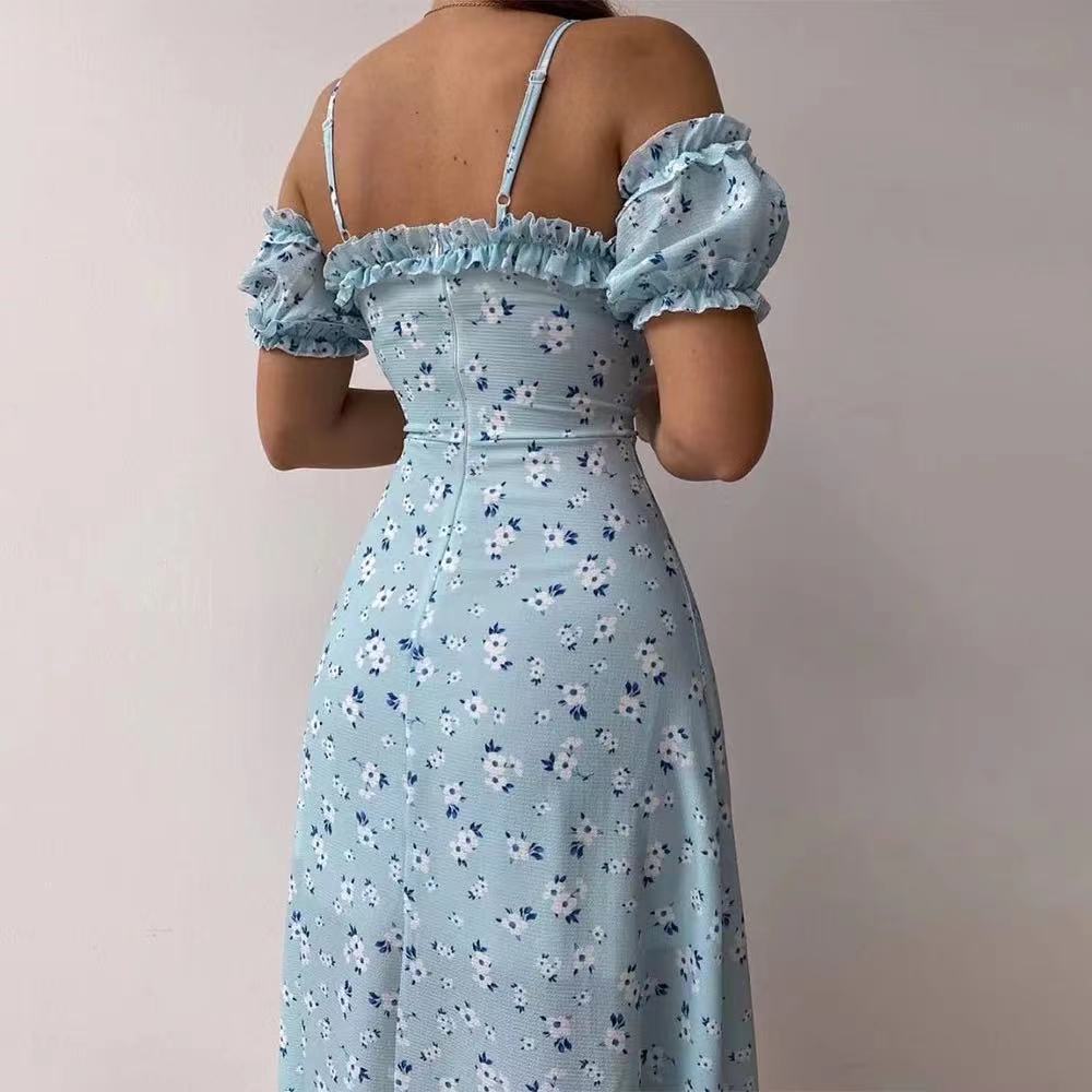 Aieru Sexy Sling Ruffle Strapless Slit Party Dress Women Summer Elegant Off Shoulder V Neck Long Dress Spring Floral Print Slim Dress