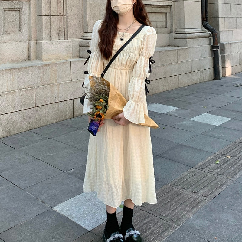 Spring  Women Chic Puff Sleeve Cute Solid Fairy Dress Elegant  High Waist Princess Summer A-Line Long Dress Femme Robe Holiday