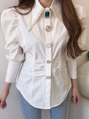 Women Shirts French Vintage Blouse Spring Button Up Shirt Pointed Collar Long Puff Sleeve Pearl Button Slim White Tops