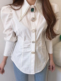 Women Shirts French Vintage Blouse Spring Button Up Shirt Pointed Collar Long Puff Sleeve Pearl Button Slim White Tops