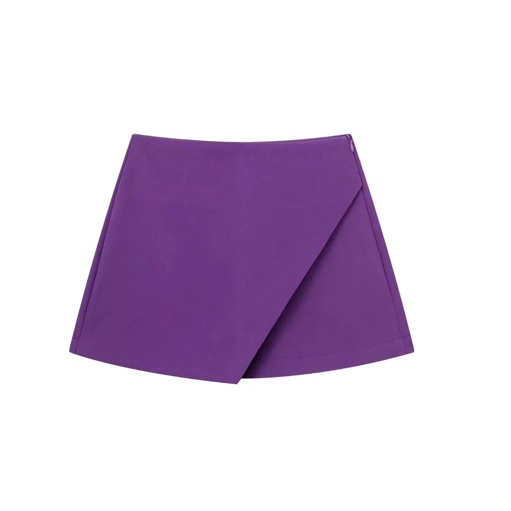 Women Fashion Casual Mini Asymmetrical Skirts Shorts High Waist Back Pockets Wide Leg Skirts Zipper Female Shorts