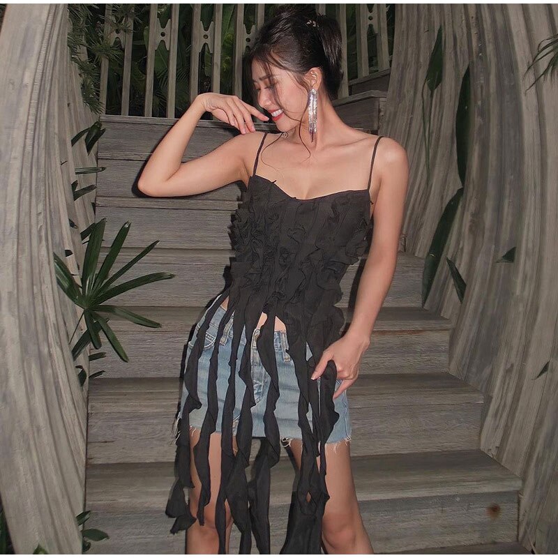 Ruffle Fringed Suspender Vest Women Sexy Off Shouder Backless Tank Tops  Spring Summer Female Camisole