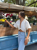 goosudu  Women's Crop Top Collared Short Sleeve Shirt Women Summer Knotted Linen Blouse Woman Streetwear Casual Blouses