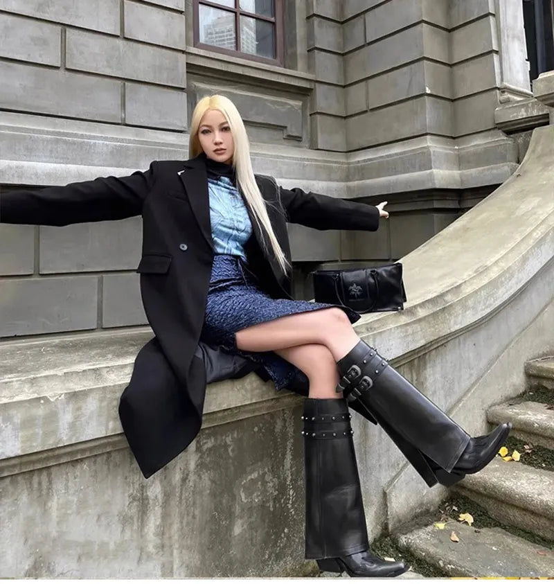 Autumn Cowboy Boots For Women Fashion Slip On Long Pipe Boots Female Square High Heel Trend Winter Footwear