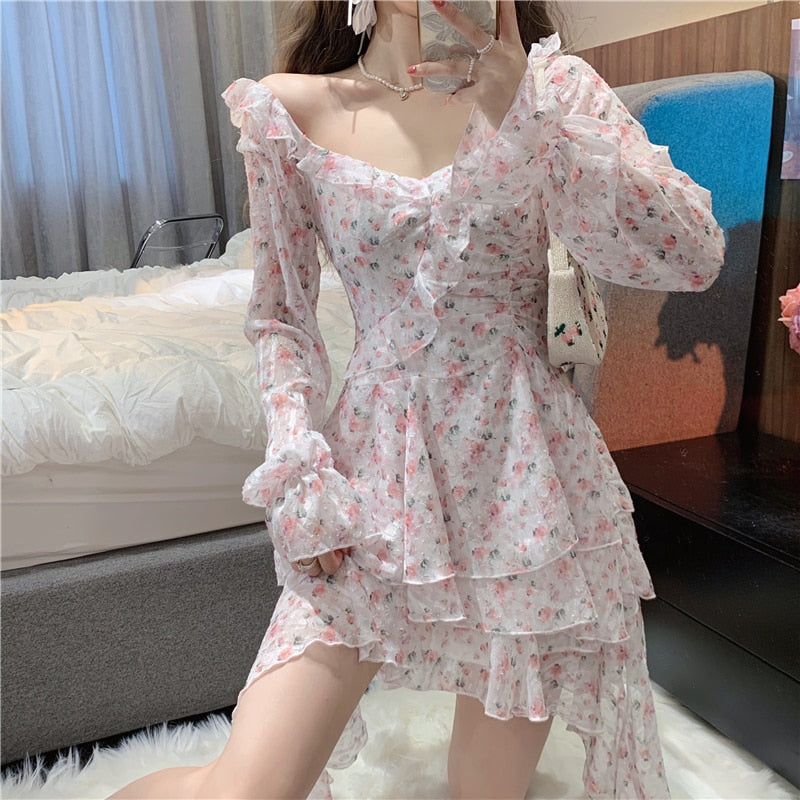 Goosudu Fairy Dress Holiday Irregular Floral Dress Square Collar Women's Spring Long Sleeved Princess Slim Fairy Dress Ruffle Short Dress Vacation