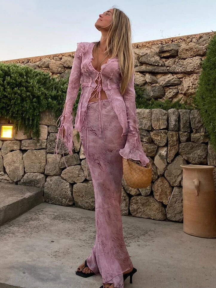 Summer Chiffon Fashion Maxi Skirt cover-up Women Elegant High Waist printed Holiday See-Through Printed Female Long Skirt