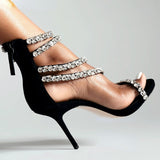 goosudu  Crystal Straps Women Sandals Back Zipper High Thin Heels Ankle Wrap Sandals Narrow Band Sweet Fashion Casual Party Female Pumps