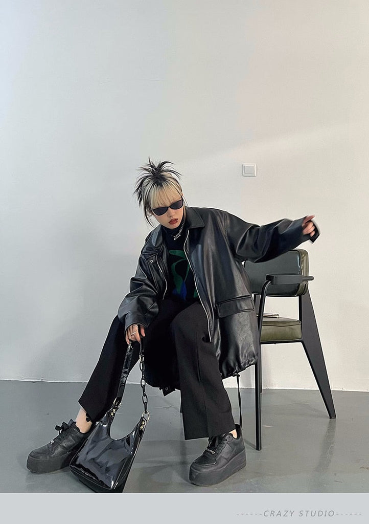 Spring Autumn Black Oversized Faux Leather Jackets for Women Zippper Loose Cool Casual Soft Pu Leather Jacket