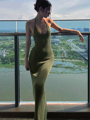 goosudu  Solid Halter Sleeveless Backless Slim Sexy Maxi Dress Spring Women Elegant Streetwear Party Y2K Clothing Concise