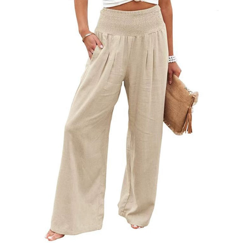 Spring Summer Cotton Linen Women Pants Pockets Solid Casual White Wide Leg Office Lady White Long Trousers Khaki