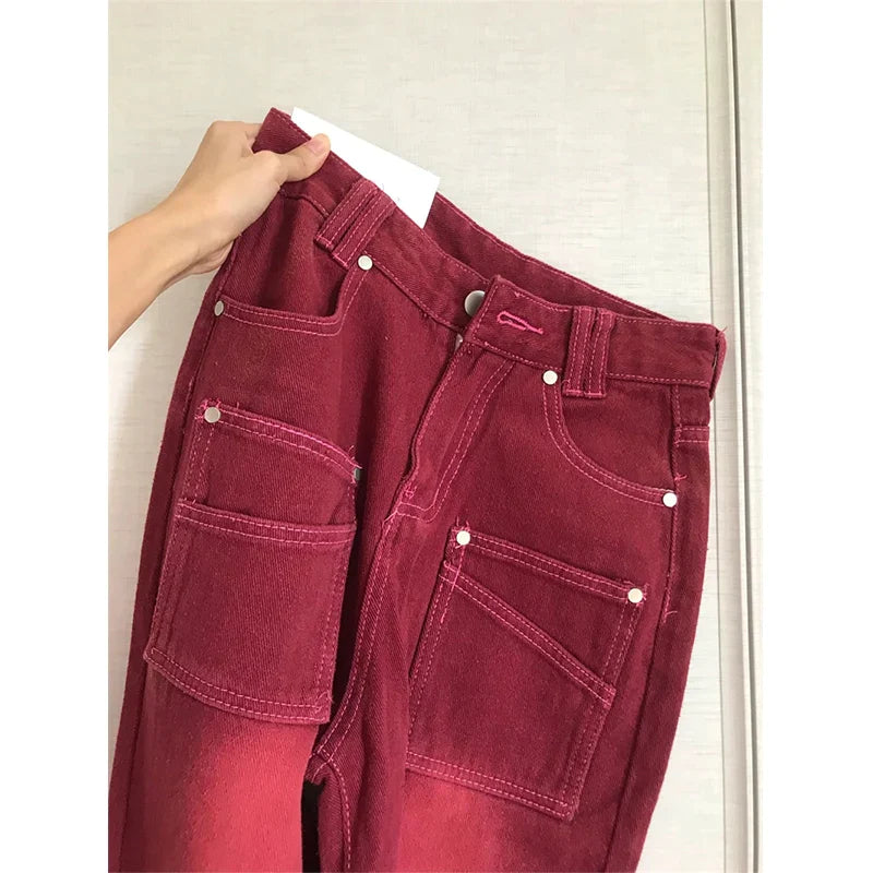 High Street Streetwear Baggy Jeans Women Denim Trousers High Waist Y2k Vintage Washed Distressed Wide Leg Mopping Red Pants