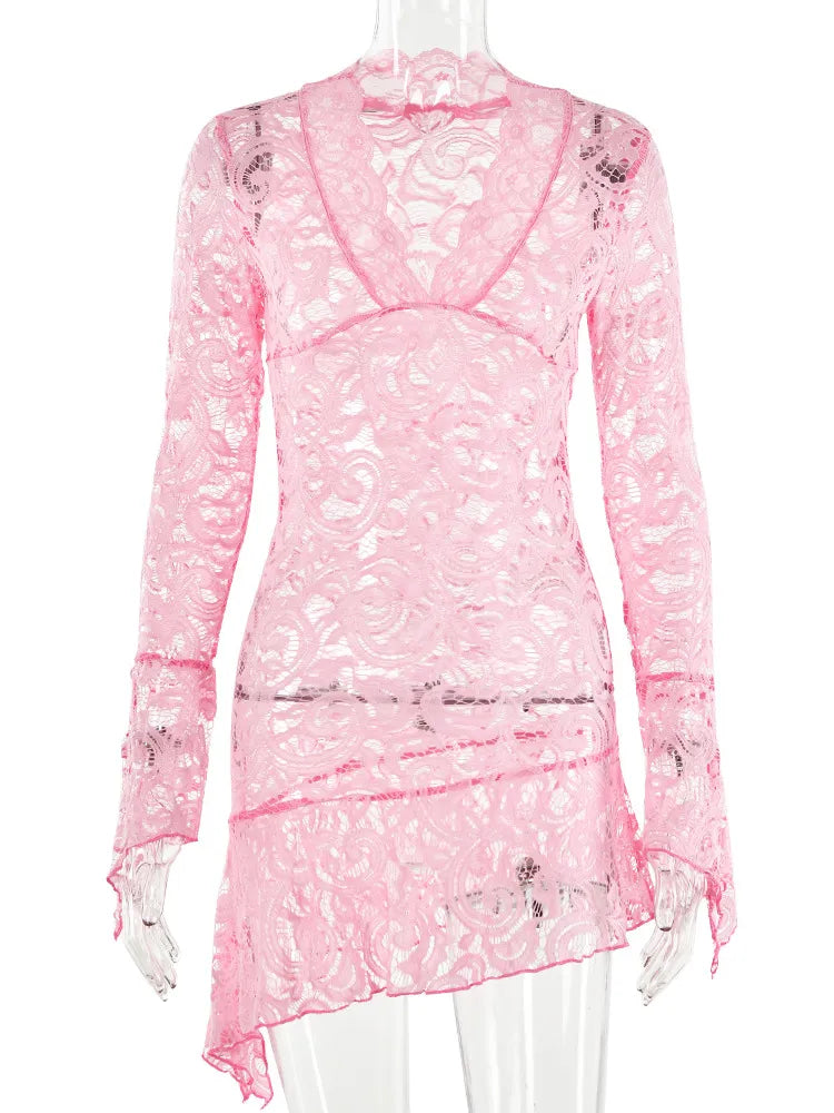 Sexy See Through V-neck Longsleeve Lace Mini Dress Women Summer Skinny Hollow Out Dresses Club Party Clothes