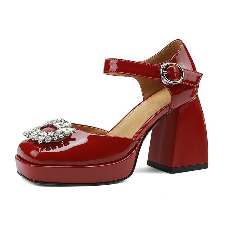 goosudu Women Shoes Summer  Leather Thick High Heels Platform Shoes Black Beige Sweet Dress Party Wedding Mary Janes Pumps