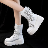 Punk Metal Buckle Platfom Ankle Boots Women Autumn PU Leather Chunky Heels Gothic Shoes Woman Thick Bottom Motorcycle Botas