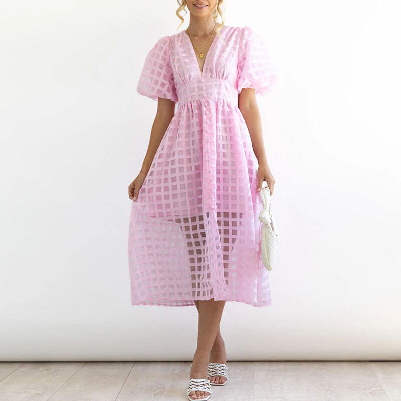 High Waist Lantern Sleeve V Neck Dress Solid Color Mesh Yarn Button Long Dress Casual Elegant Party Dresses Women Summer Vestido