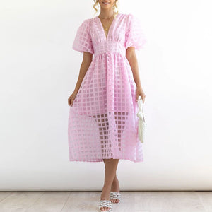 High Waist Lantern Sleeve V Neck Dress Solid Color Mesh Yarn Button Long Dress Casual Elegant Party Dresses Women Summer Vestido