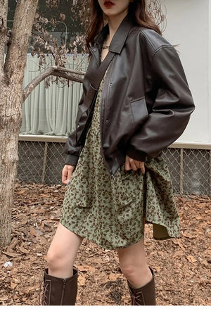 Spring Autumn Oversized Casual Waterproof Coffe Soft Pu Leather Jacket Women with Drop Shoulder Long Sleeve Fashion