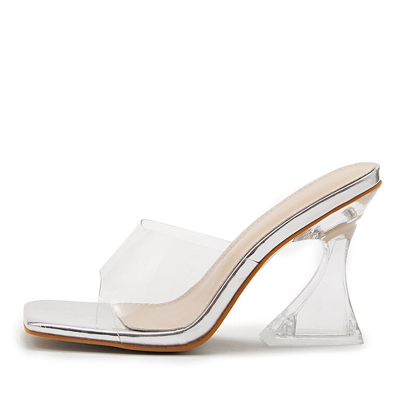 Sexy Leopard Grain PVC Transparent Slippers Women Slides Mules Gladiator Jelly Sandals Summer Open Toe Clear High Heels Shoes