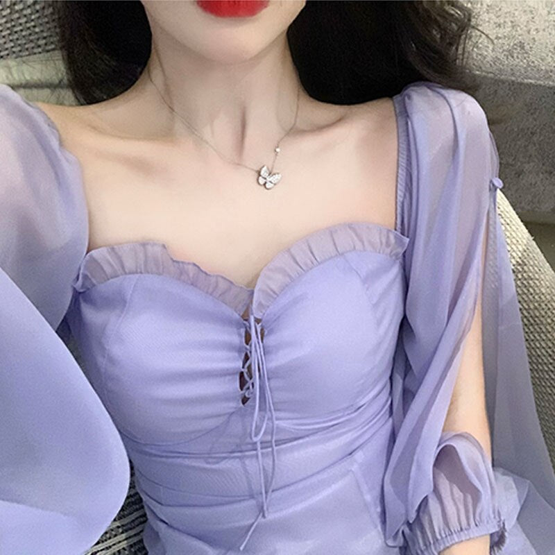 Korean Summer Designer Chiffon Lace Lolita Dress Women Elegant Long Sleeve Sexy Shirring Skinny Mini Dress Woman Bandage Dresses